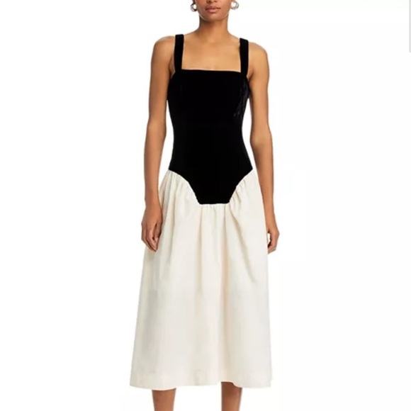 Rhode- NWT Georgina Black and Ivory Color Block Dropwaist Velvet Top Midi Dress - Picture 2 of 7